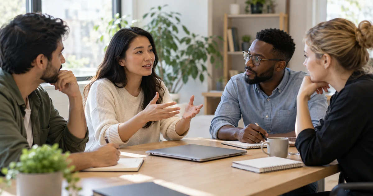 Four coworkers discussing priorities around an office table.